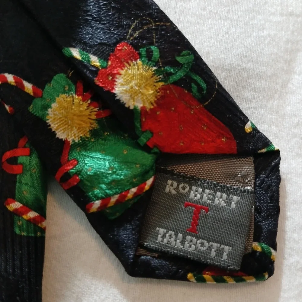 Vintage‎ Robert Talbott Tie Mens One Size Black Silk Christmas Candy Cane 90s